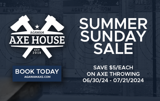 Agawam Axe House Summer Sundays Sale! Save $5/person on Sundays 6/30/24 through 7/21/2024