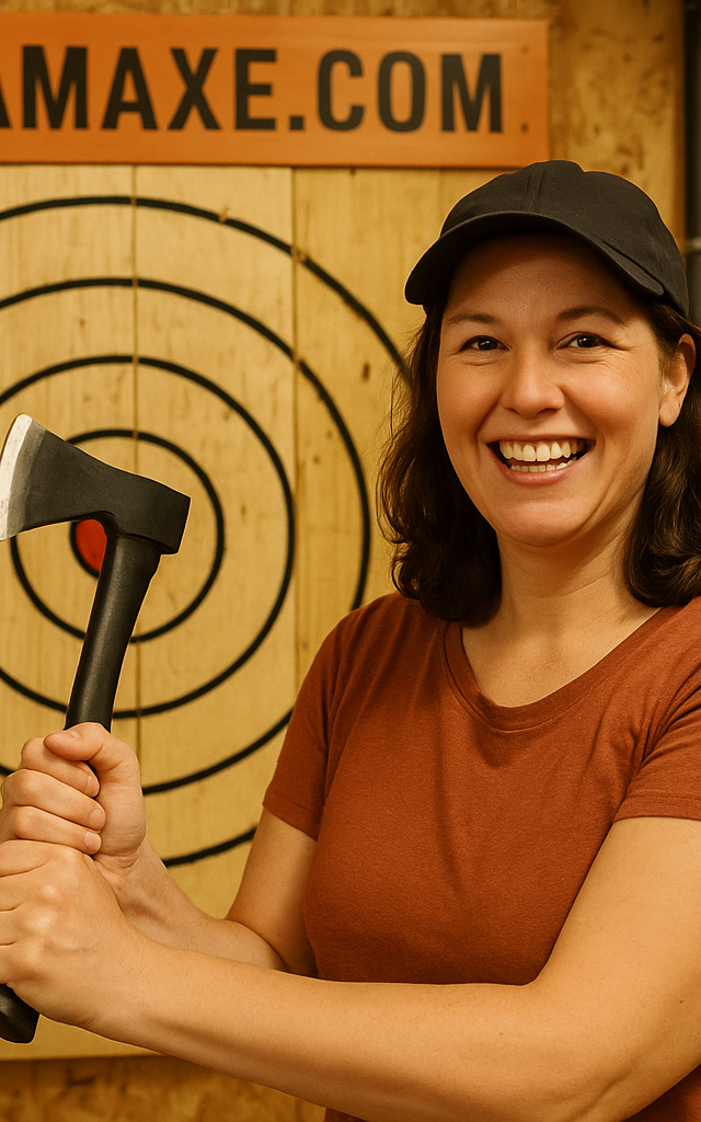 Smiling mom in a cap and tee holding a black‑handled axe at Agawam Axe House, standing in front of a wood bullseye target and “AGAWAMAXE.COM” sign behind a chain‑link lane fence.